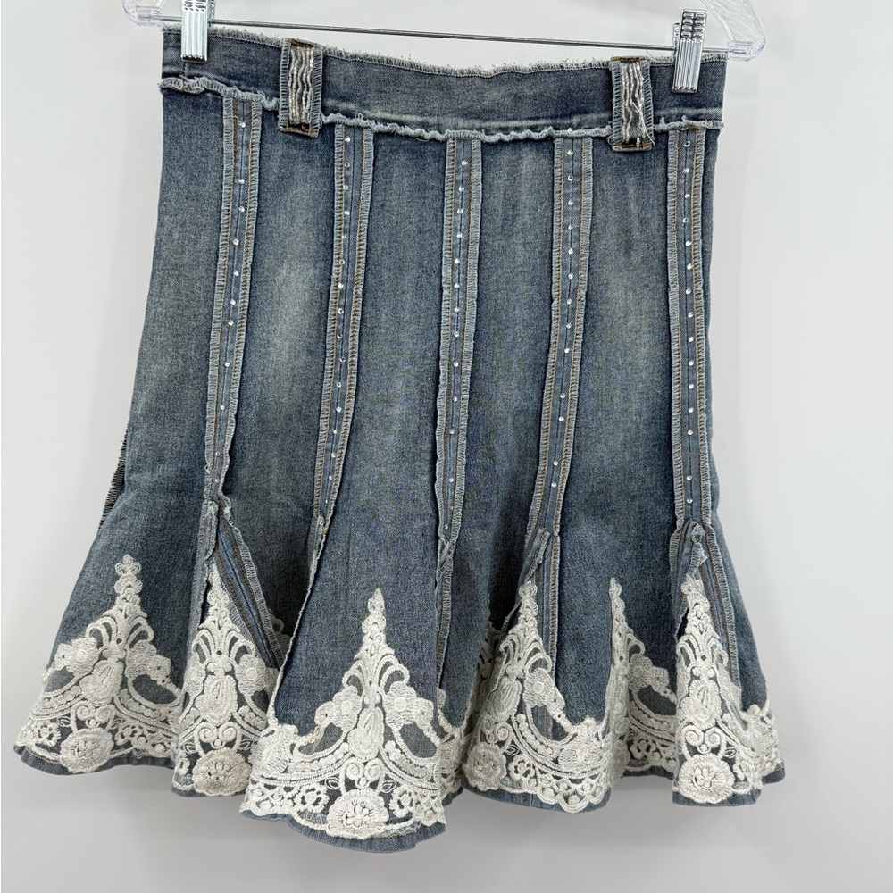 Michel Women's Flared Panel‎ Denim Lace Skirt Size Small Y2K Vintage